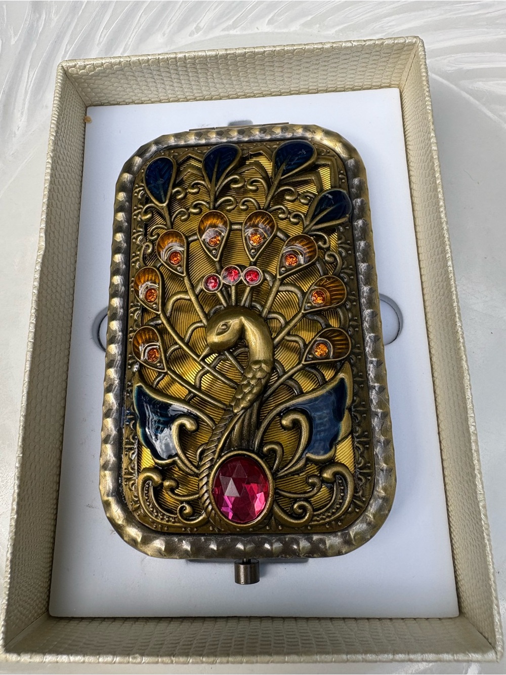 Vintage Style Peacock Motif Mirror Compact with Pink Jewel